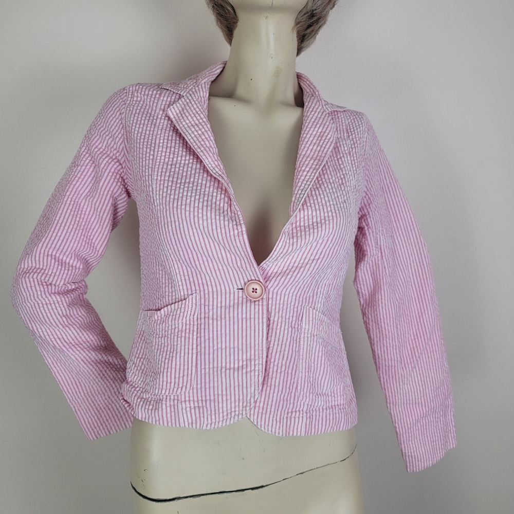 Vintage Y2K Barbiecore Pink Seer Sucker Blazer Size Small Cropped